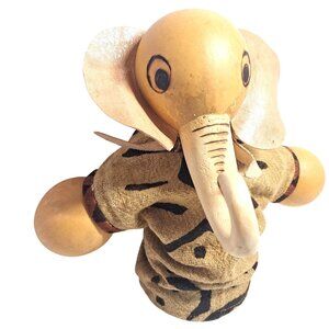 African Elephant Gourd Puppet Leather Handmade Ears Tusks Tribal Fabric READ